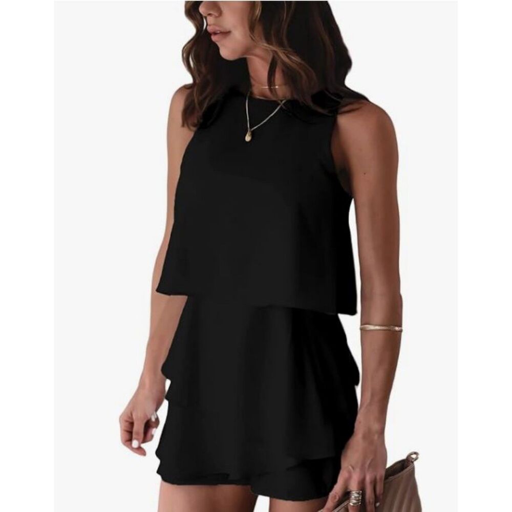 Women's Black Layered Ruffle Hem Sleeveless Romper Shorts Size Medium